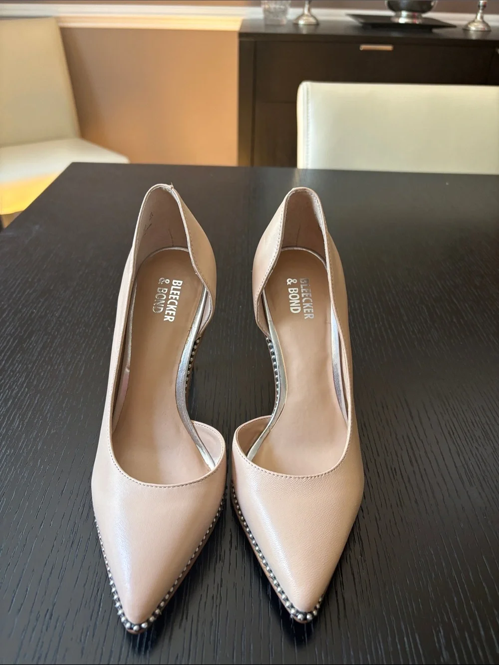 Bleecker & Bond Nude Pointed Leather Pumps with Stud Trim - Picture 1 of 5